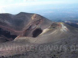 Looking down to the twin craters at Monte Frumento Supino near the summit of Mount Etna, Sicily