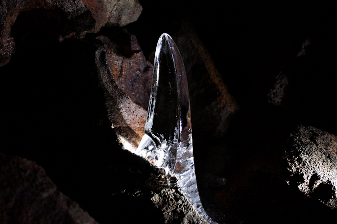 Ice "stalagmite" in Icelandic lava tube