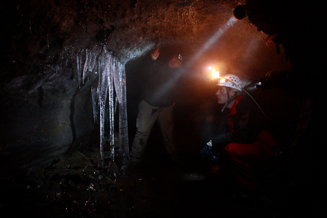 Ice formations in Rósahellir (Rose Cave), Iceland