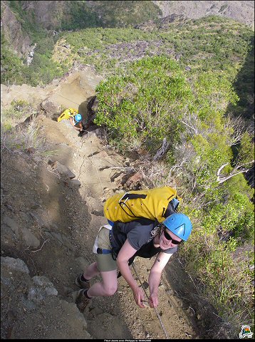 The 'via ferrata' return ascent from the Fleurs Jaunes canyon in La Reunion.