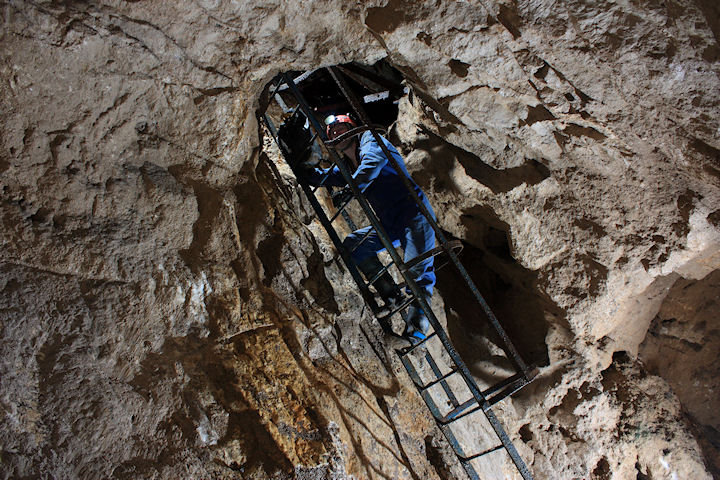 Ladder to lower level in Spar Gells Mine, Wirksworth