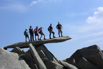 A group on the famous "Cantilever Stone", Glyder Fach - Easter 2011