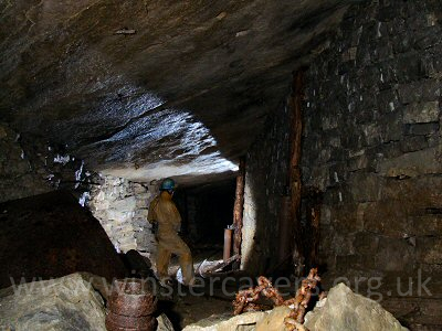 Pack walls, wooden props and artefacts in Pretoria Chert Mine