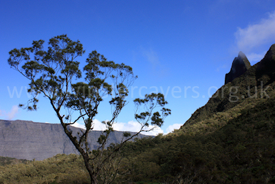 First views of the Cirque de Mafate, looking towards La Nouvelle and Roche Plate, Ile de la Reunion, September 2009