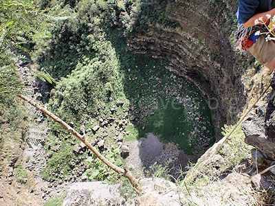 The view down the incredibly vertiginous descent (168m) from the Grotte de la Grande Ravine, Ile de la Reunion, September 2009
