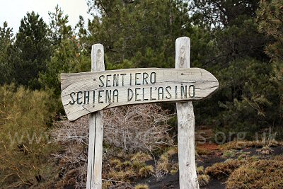 The start of the hiking trail up the Schiena del Asino ridge that leads to the top craters of Mount Etna.