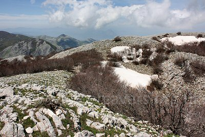 The last snow on the tops around Pizzo Carbonara, the highest peak in the Madonie Mountains, Sicily.
